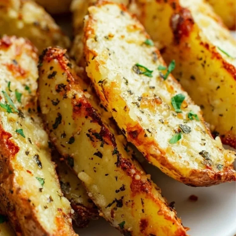 Baked garlic parmesan potato wedges served on a plate