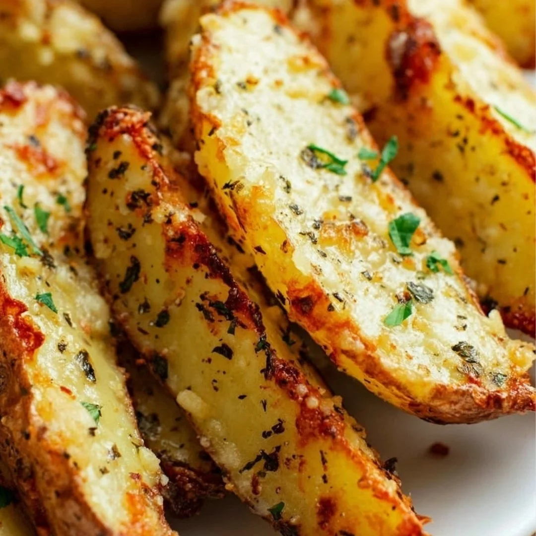 Baked garlic parmesan potato wedges served on a plate