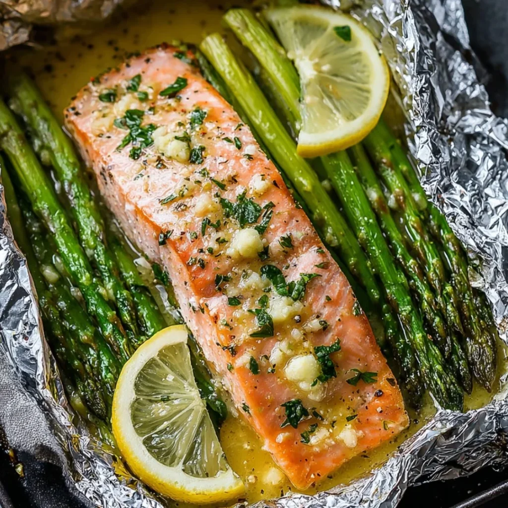 Baked salmon in foil with asparagus and garlic lemon butter sauce