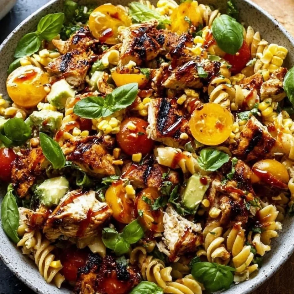 BBQ Chicken Pasta Salad with ranch dressing served in a bowl