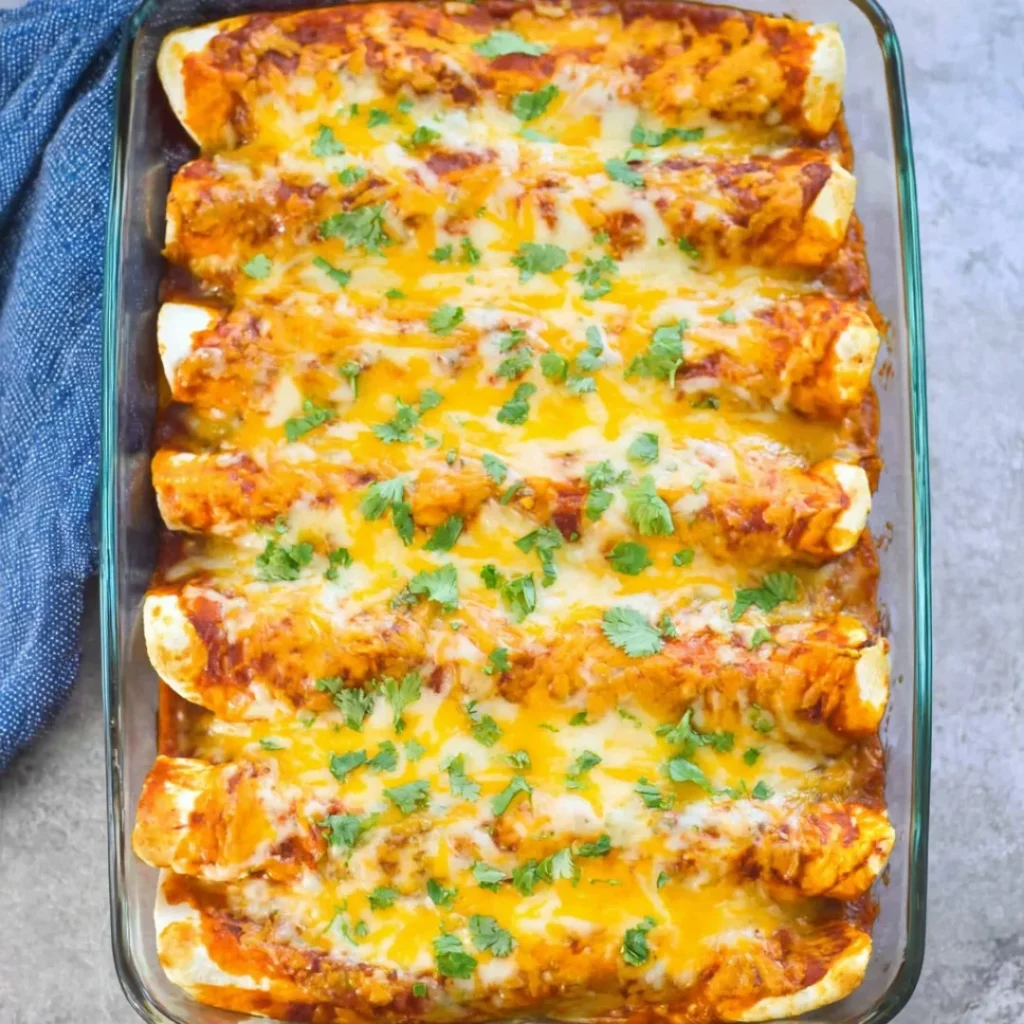 Plate of delicious chicken enchiladas topped with cheese and salsa