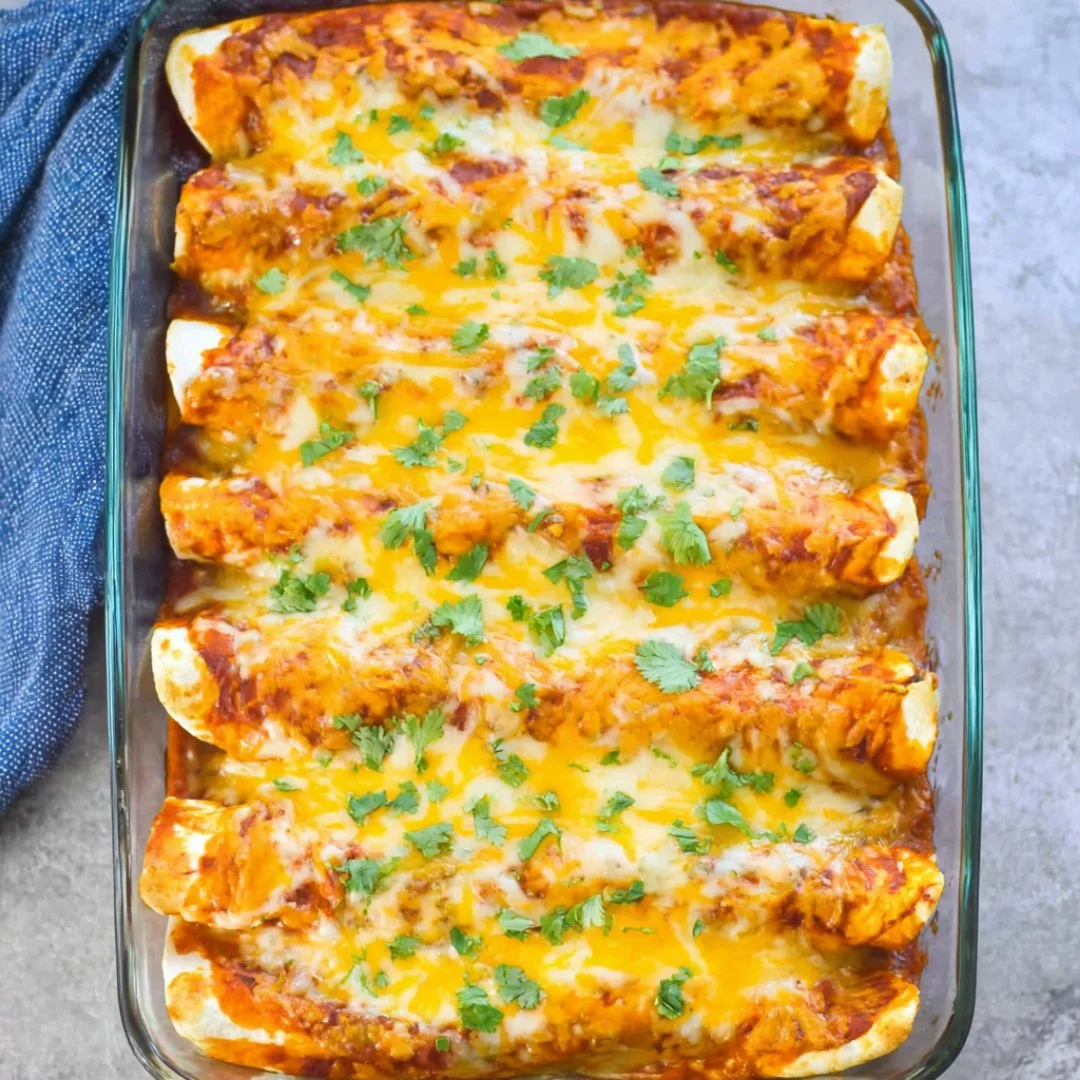 Plate of delicious chicken enchiladas topped with cheese and salsa