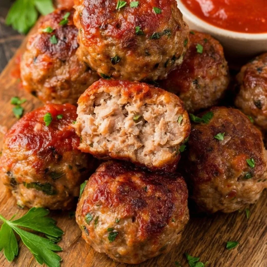 Bobby Flay’s delicious Italian meatballs served with marinara sauce.