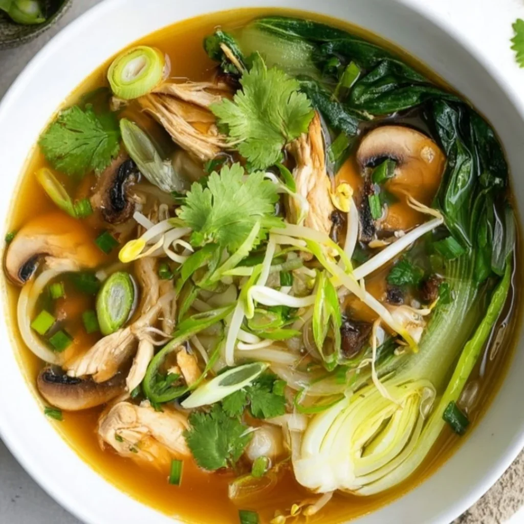 Bowl of warm Bok Choy Chicken Soup with fresh ingredients