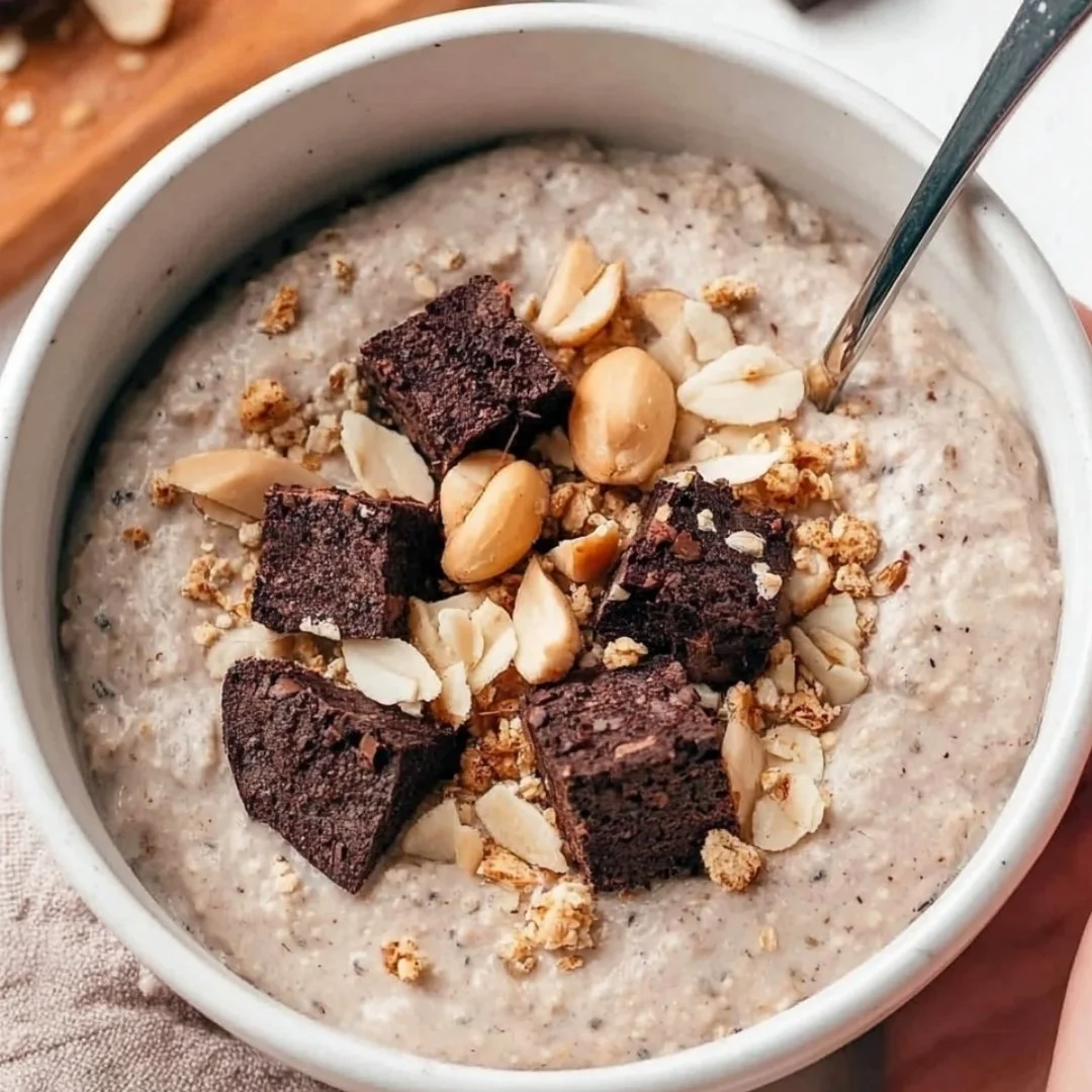 Delicious brownie batter overnight oats in a bowl topped with chocolate chips