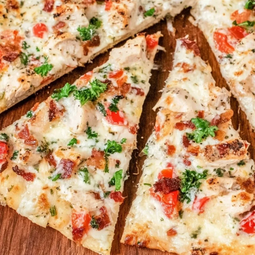 Cheese Alfredo Flatbread topped with creamy sauce and cheesy goodness.
