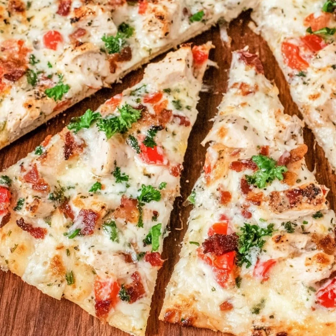 Cheese Alfredo Flatbread topped with creamy sauce and cheesy goodness.