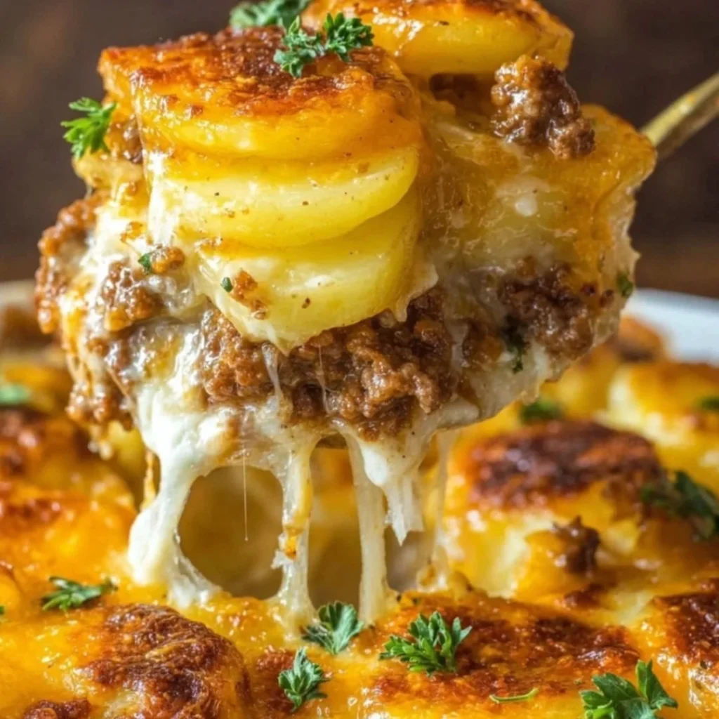 Cheesy Hamburger Potato Casserole topped with melted cheese and crispy potatoes