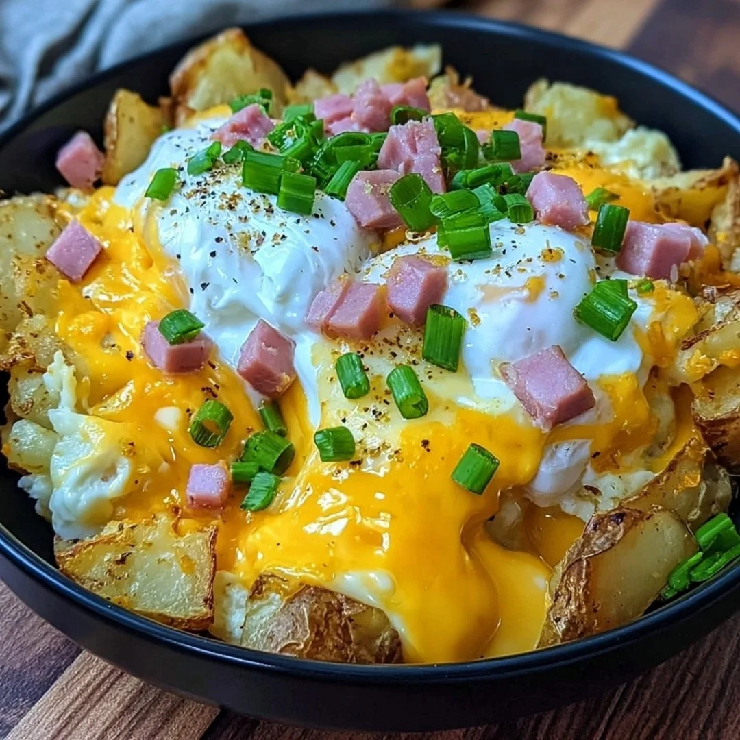 Cheesy Potato Egg Scramble served in a bowl