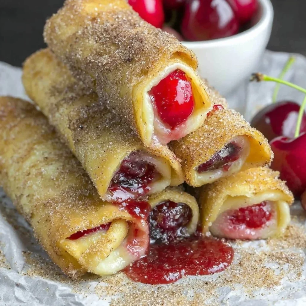 Delicious cherry cheesecake chimichangas, crispy and filled with creamy cheesecake.