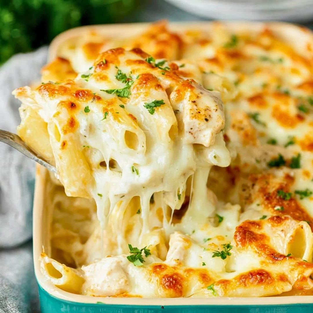 Chicken Alfredo Bake with creamy sauce and melted cheese