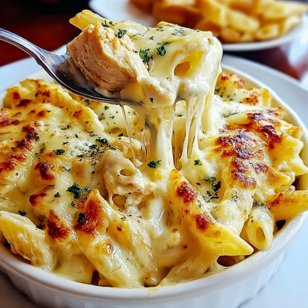 Creamy Chicken Alfredo Ziti Casserole fresh out of the oven