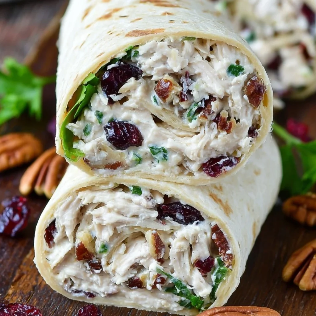 Chicken salad wraps with cranberries and pecans, a healthy lunch option
