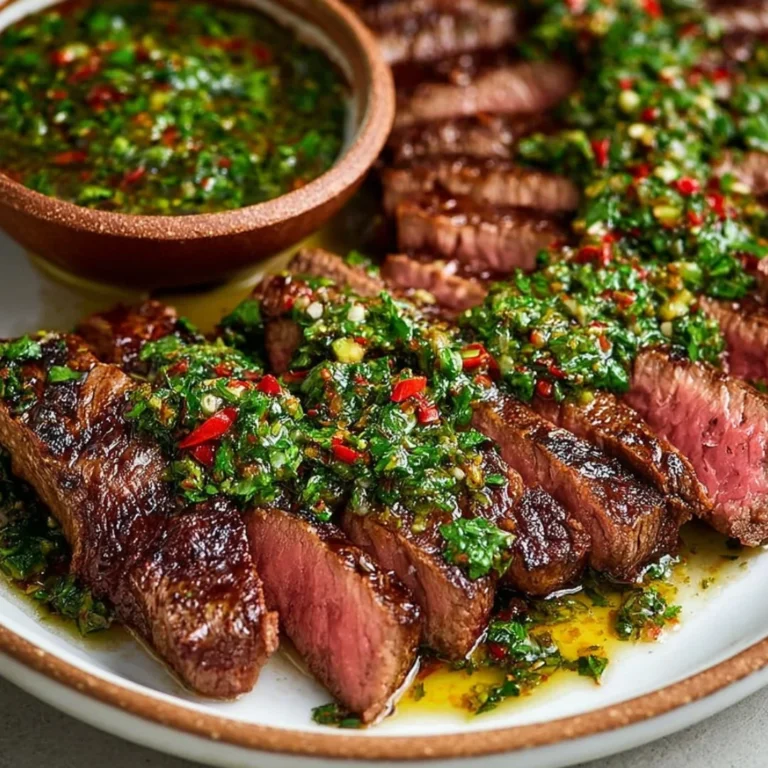 Juicy chimichurri steak garnished with fresh herbs and served with sides