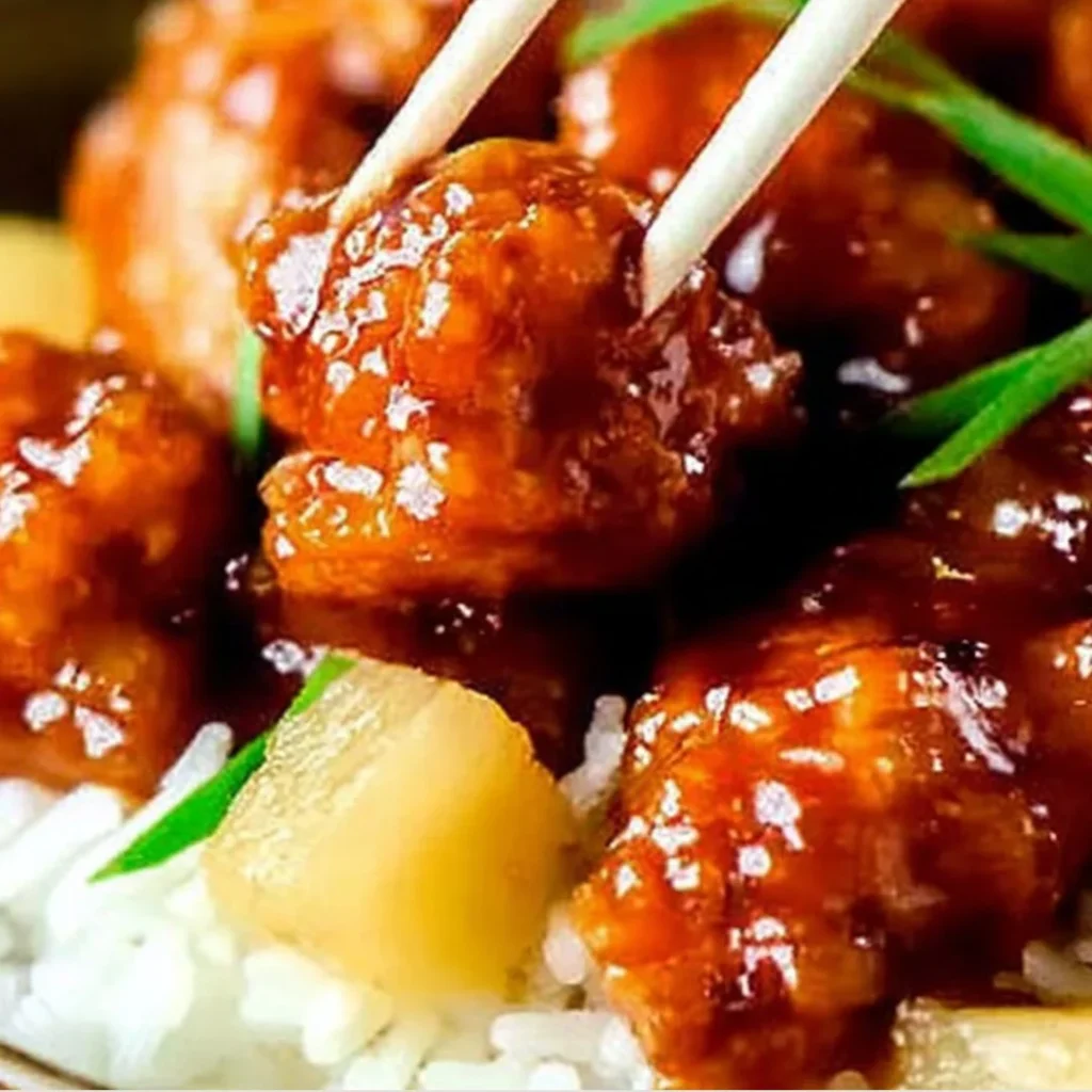 Delicious Chinese pineapple chicken served with rice and vegetables