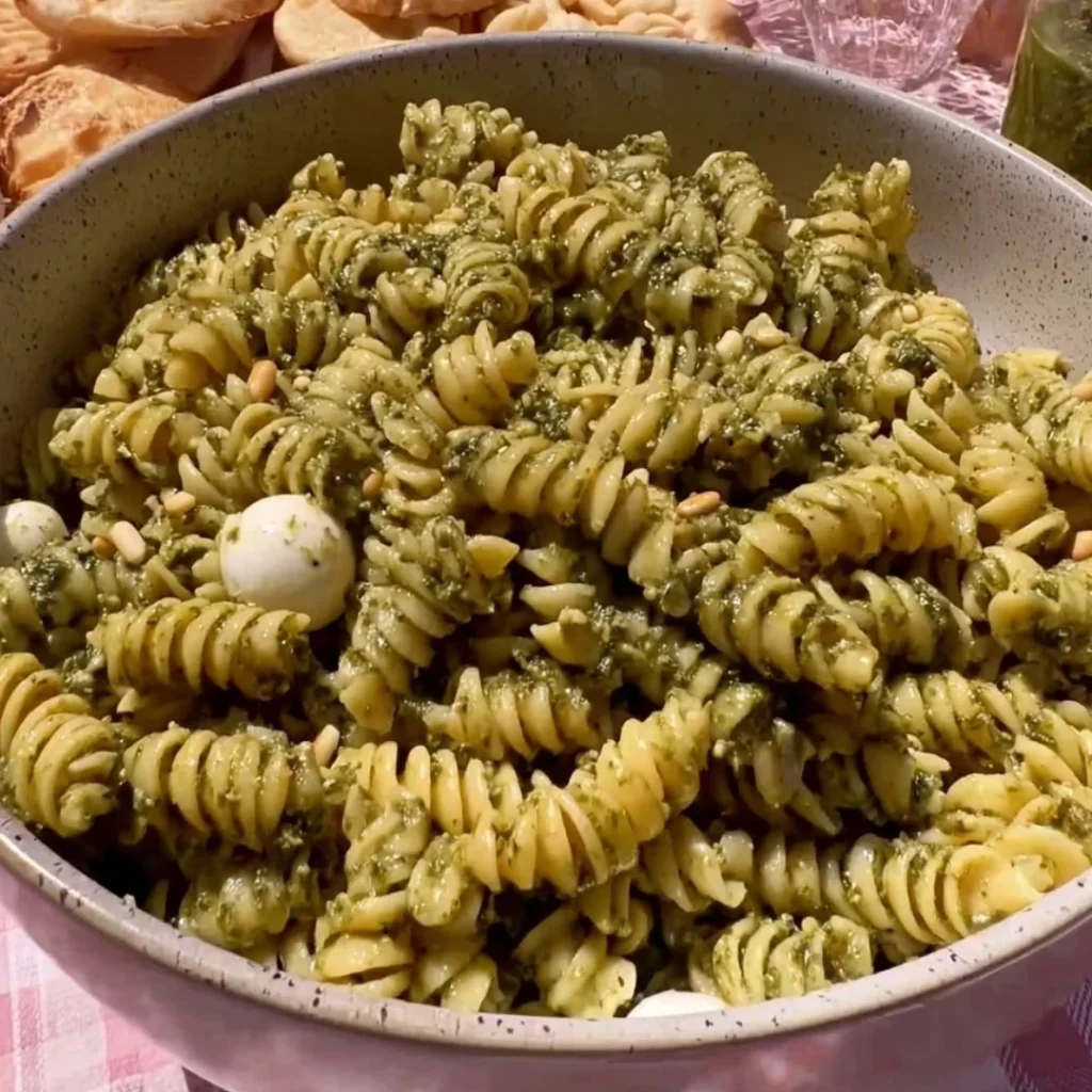 Fresh and colorful cold pasta salad with vegetables and dressing