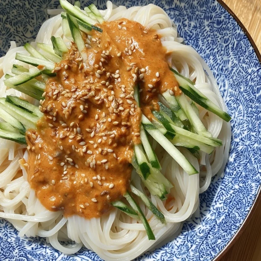 Delicious cold peanut sesame noodles served in a bowl with fresh toppings
