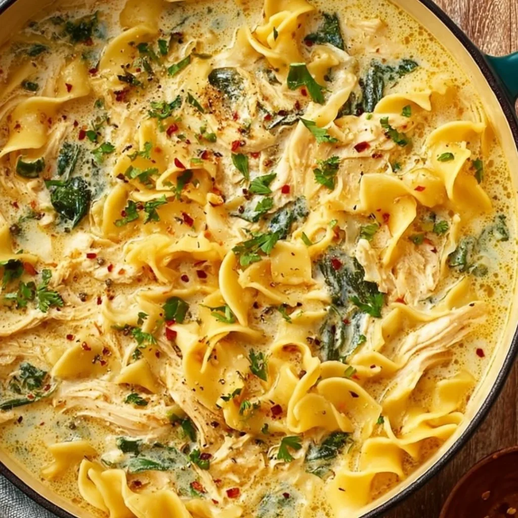 Creamy chicken lasagna soup served in a bowl garnished with herbs