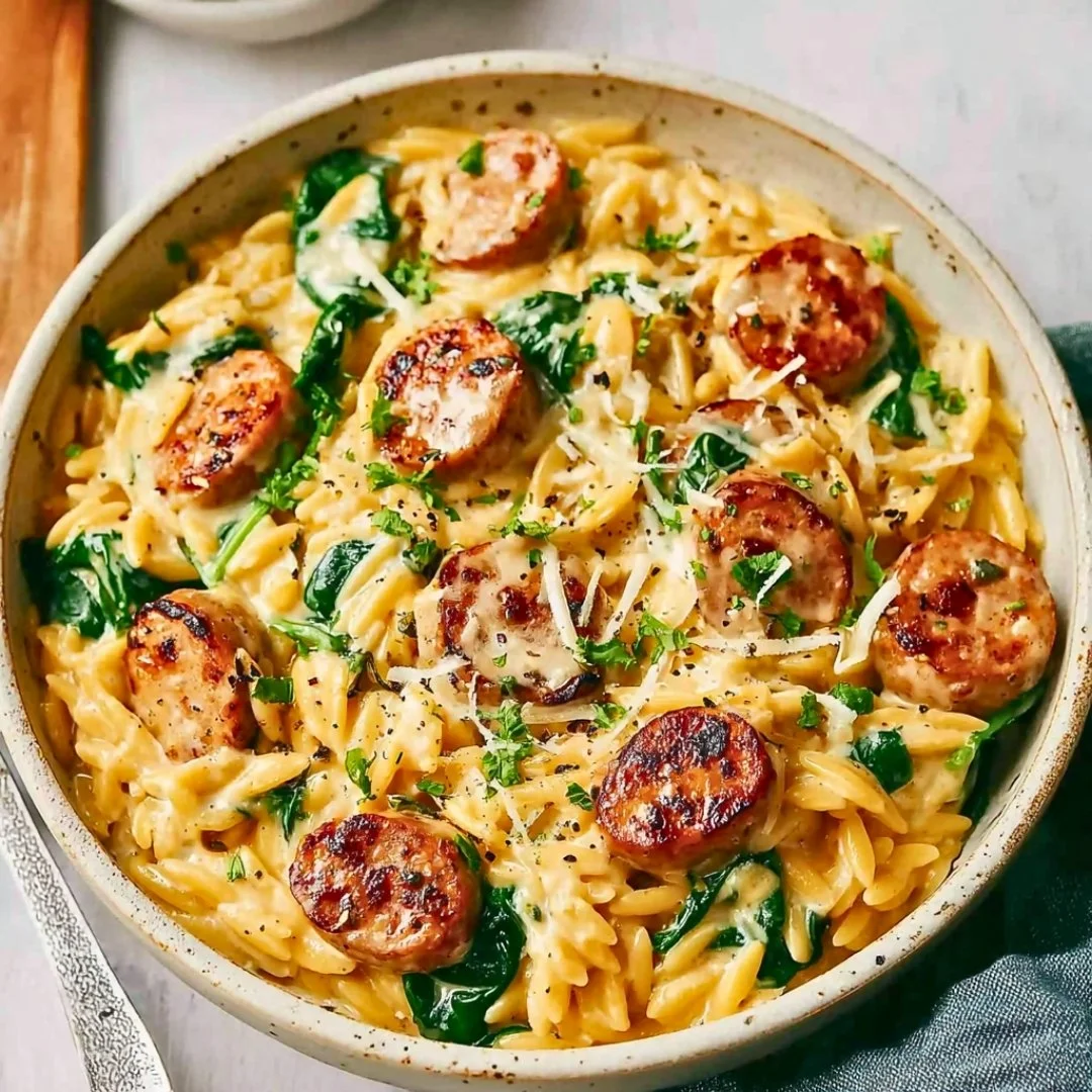 Creamy chicken sausage orzo dish in a pan