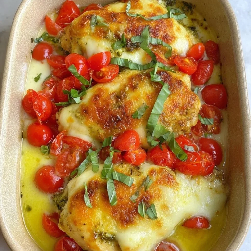 Creamy pesto baked chicken dish ready to serve on a plate