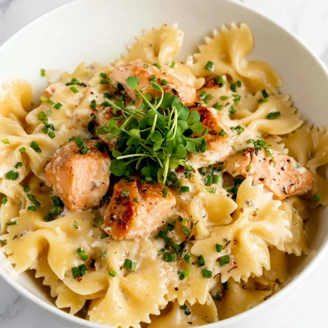 Delicious creamy salmon pasta served in a bowl with fresh herbs