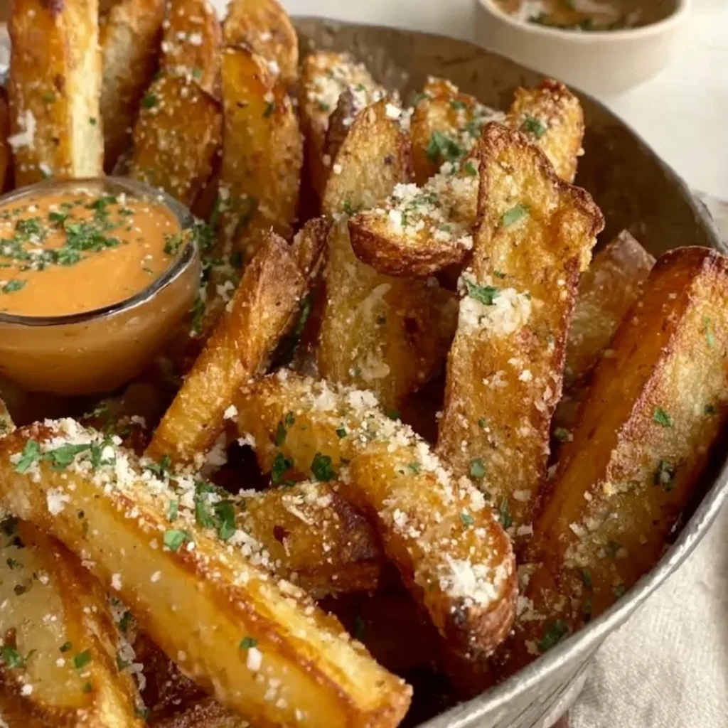 Plate of crispy garlic parmesan fries garnished with herbs