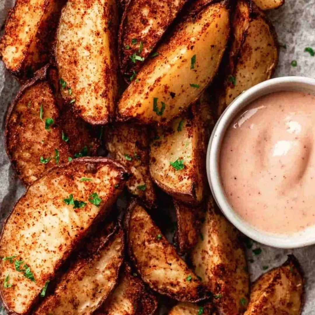 Crispy oven-baked potato wedges served in a bowl with dipping sauce