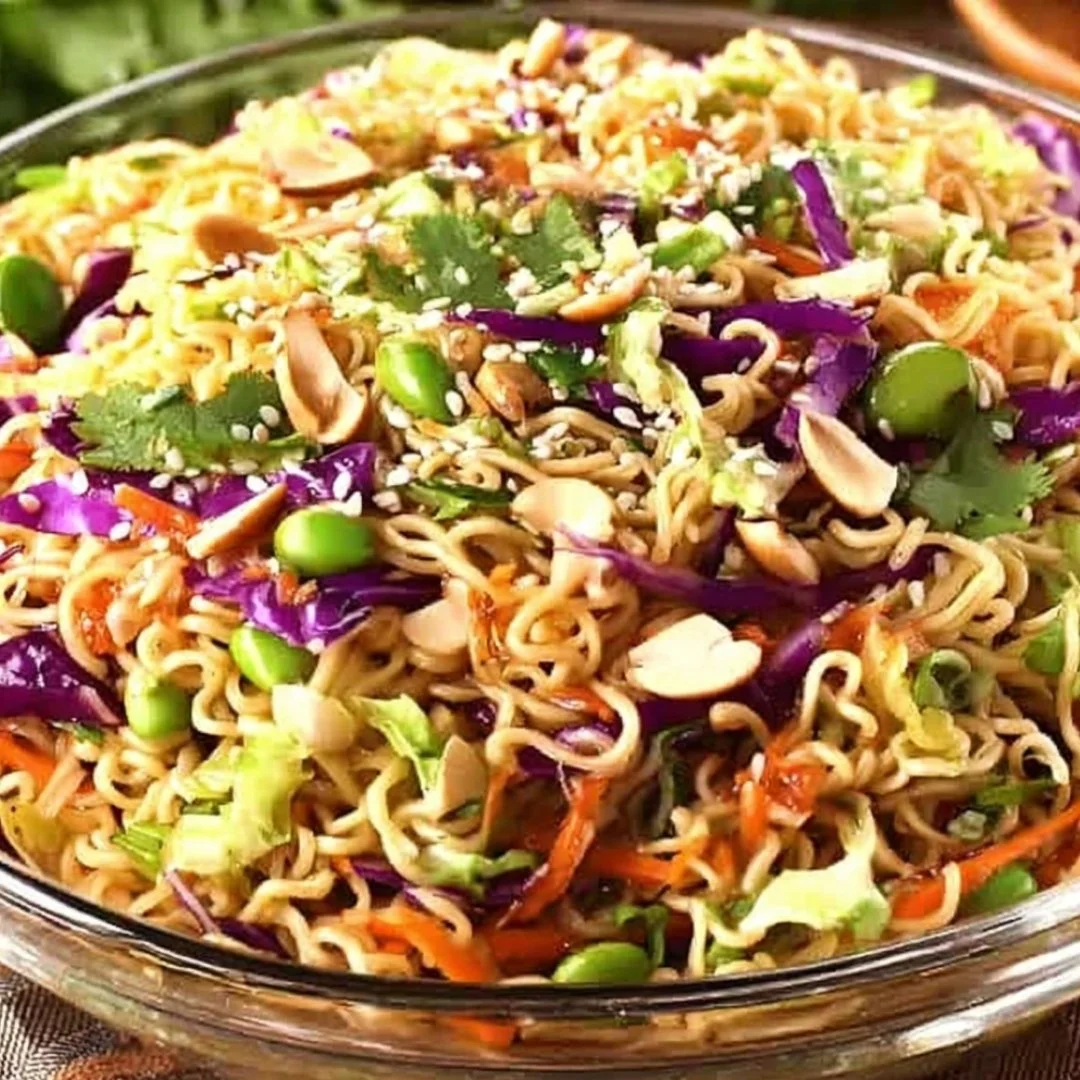 Delicious crunchy Asian ramen noodle salad with vegetables and dressing