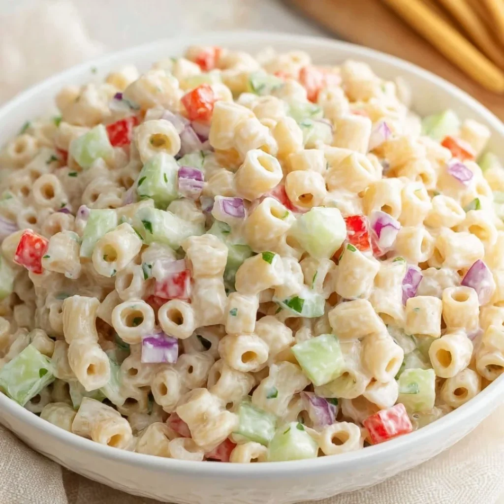 Delicious Ditalini Pasta Salad with colorful veggies and dressing