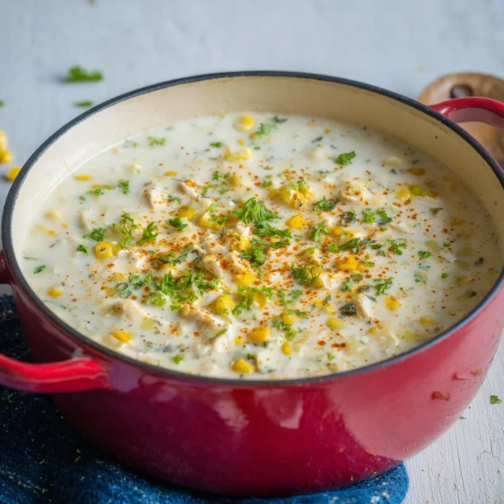 Bowl of easy chicken corn chowder garnished with herbs