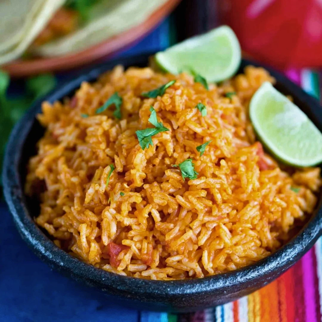 A bowl of easy Mexican rice garnished with fresh herbs