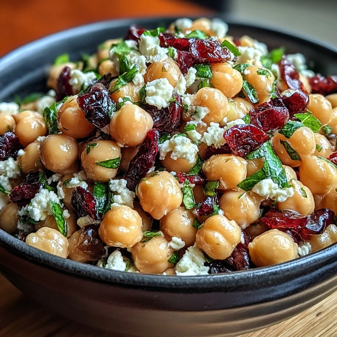 Bowl of Feta Cranberry Chickpeas topped with fresh herbs