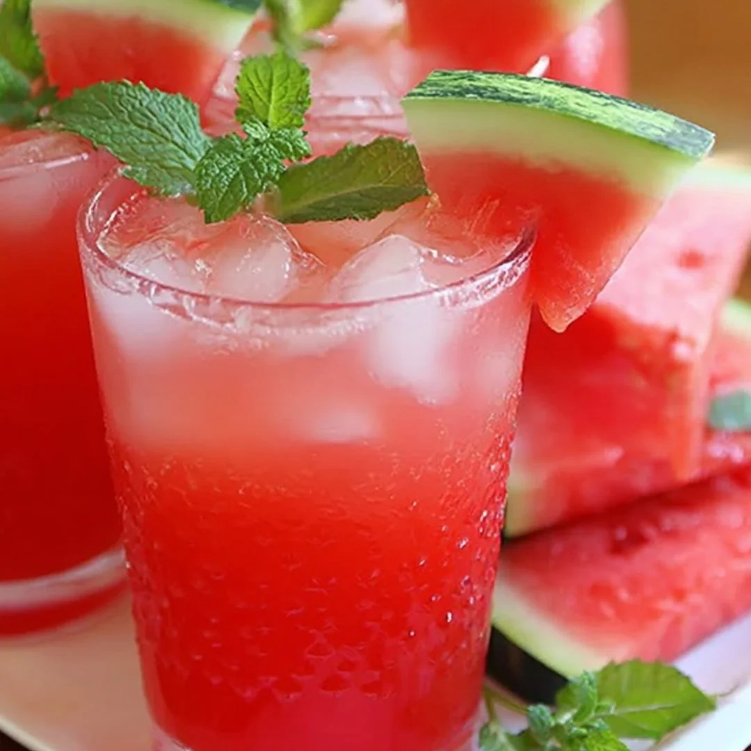 A glass of fresh watermelon lemonade garnished with mint leaves.