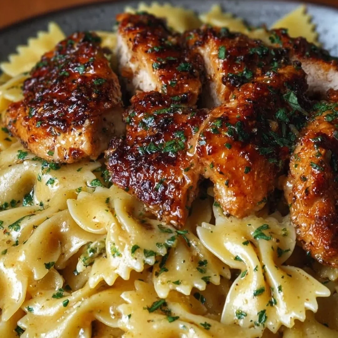 Garlic butter chicken served with bowtie pasta on a plate