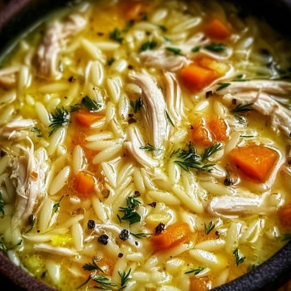 Bowl of Greek lemon chicken soup garnished with fresh herbs