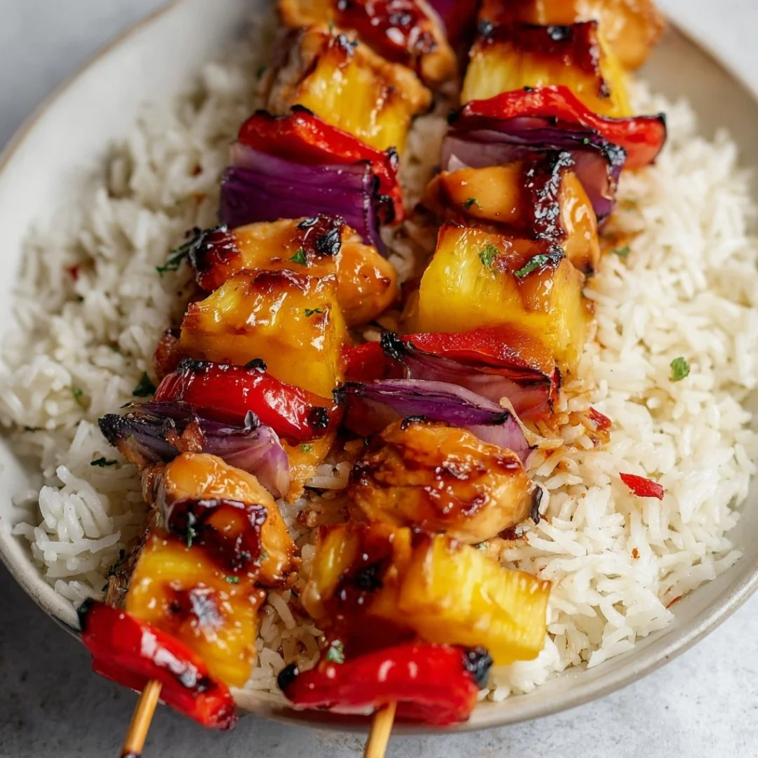 Grilled Hawaiian Chicken Kabobs with colorful vegetables and pineapple