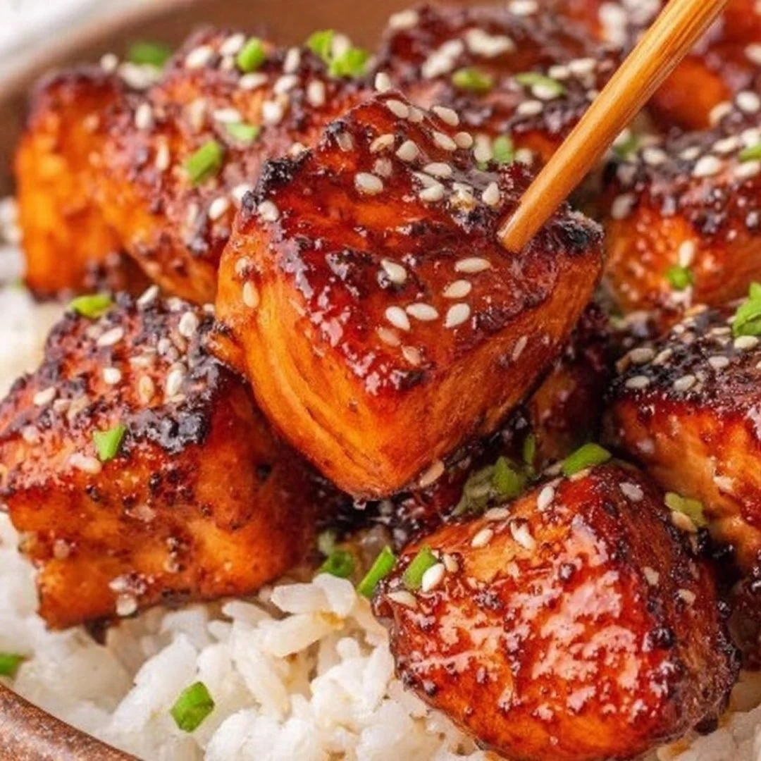 Honey Garlic Salmon Bites on a platter with garnishes