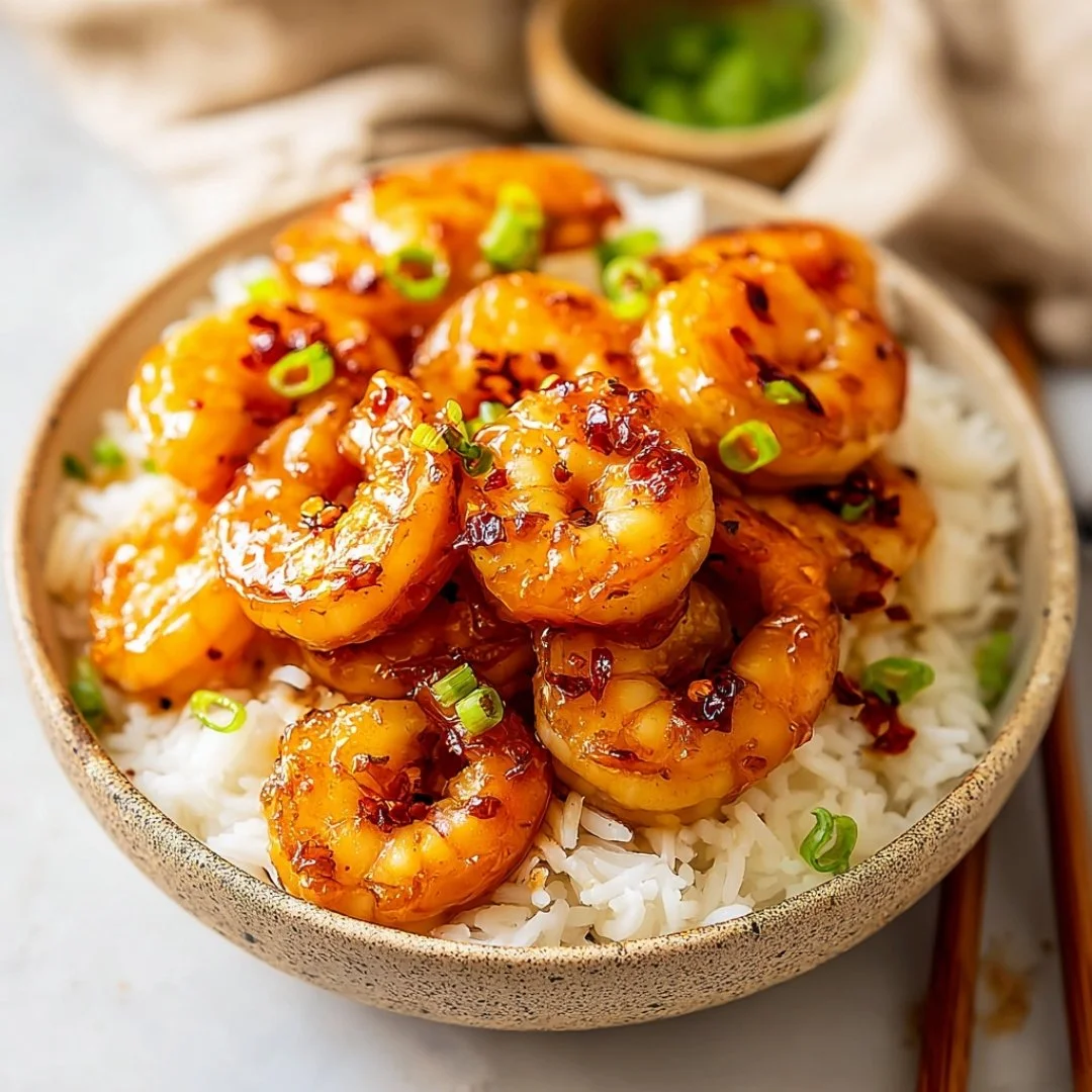 Delicious Honey Garlic Shrimp served with vegetables and rice