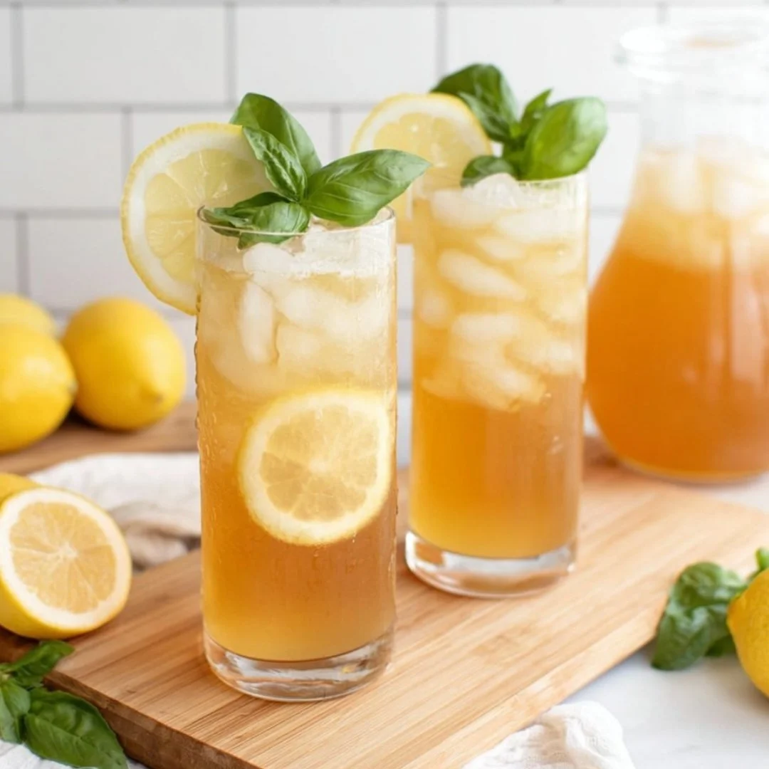 Refreshing glass of honey ginger lemonade with lemon slices and ginger root