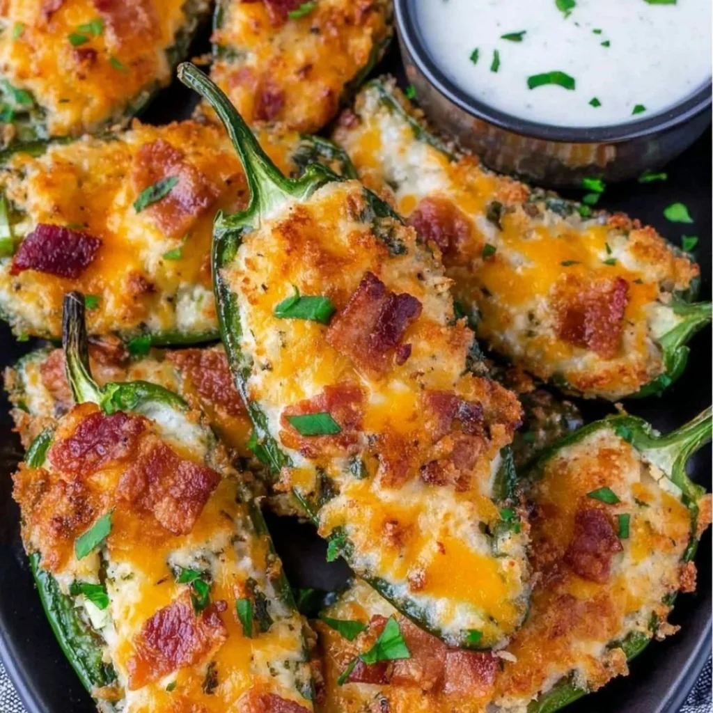 Delicious jalapeno poppers topped with cheese and bacon, served as a tasty appetizer