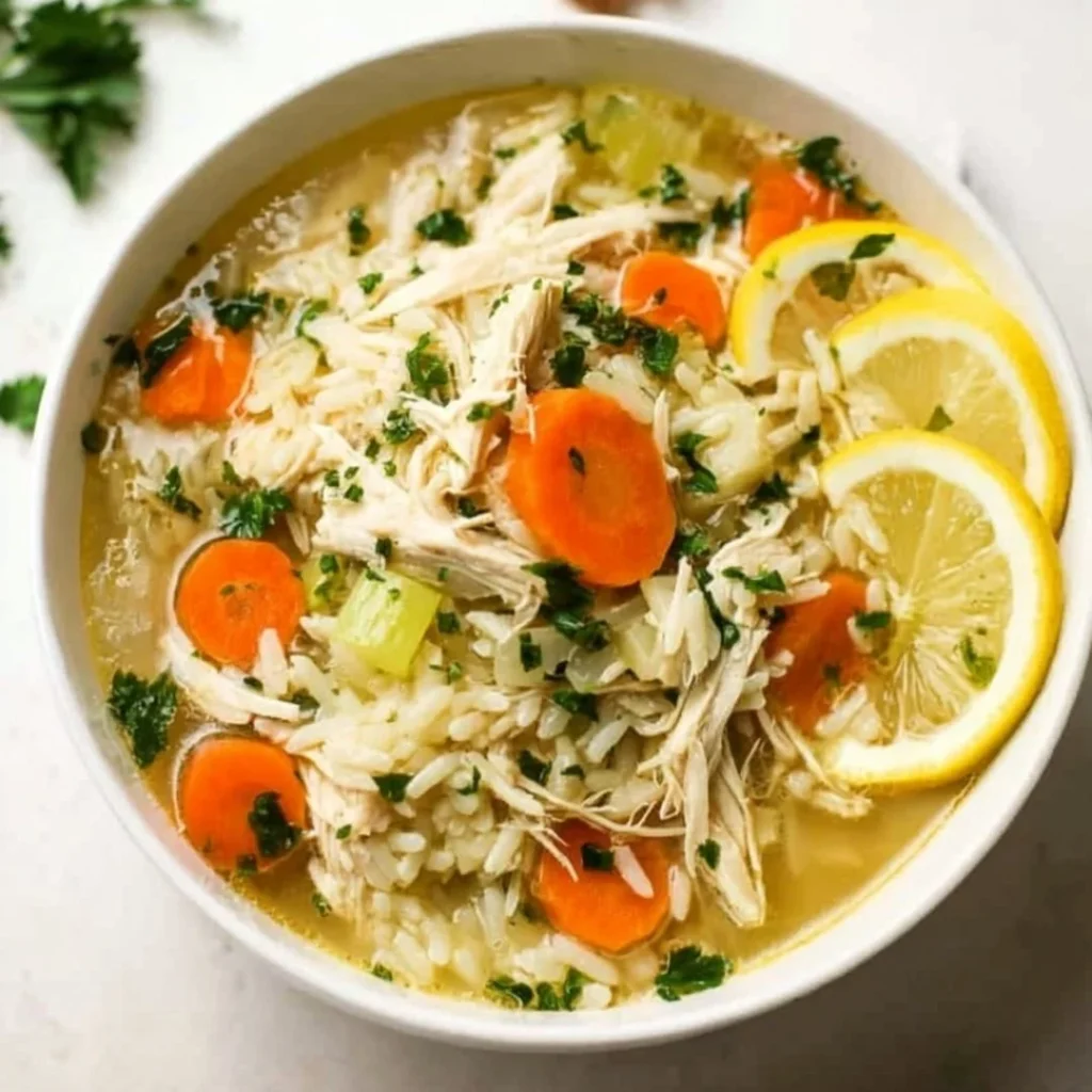 Bowl of lemon chicken and rice soup garnished with fresh herbs