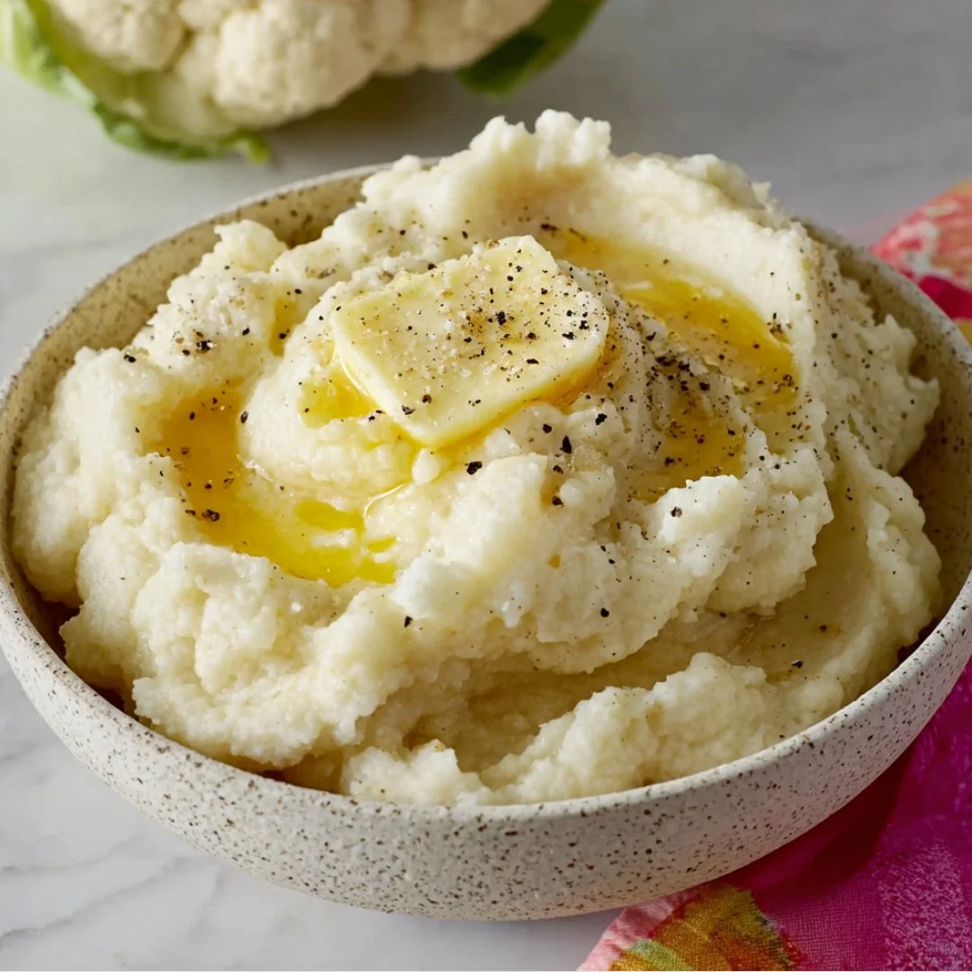 Bowl of creamy mashed cauliflower topped with herbs