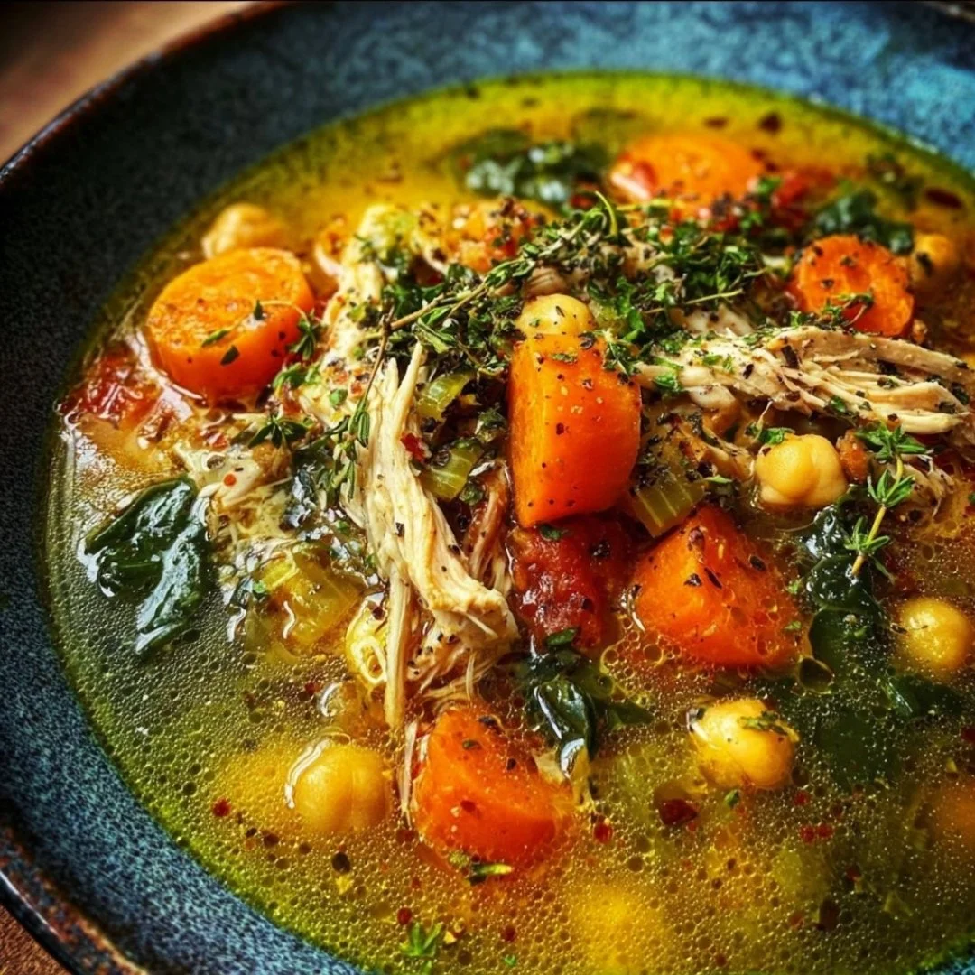 Bowl of Mediterranean Chicken Soup topped with fresh herbs and vegetables