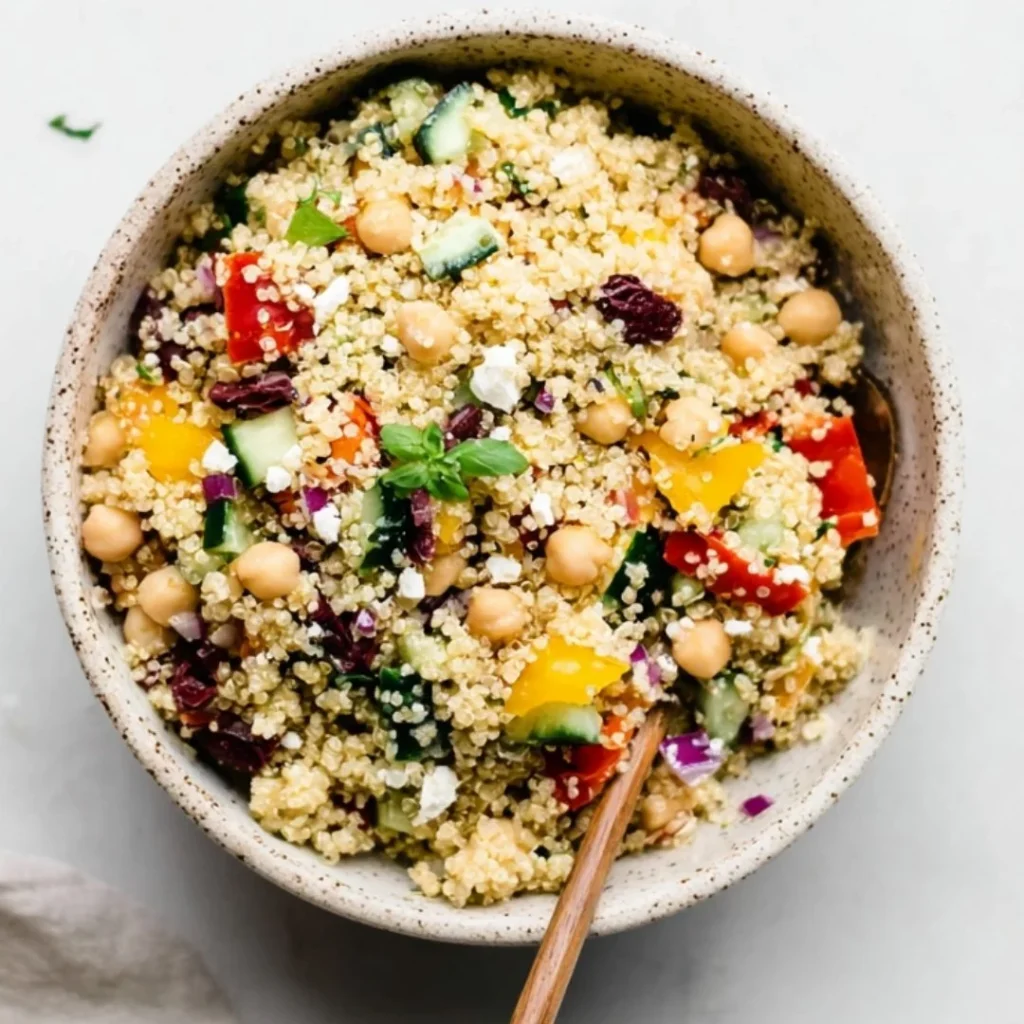 Bowl of colorful Mediterranean Quinoa Salad with fresh vegetables and herbs
