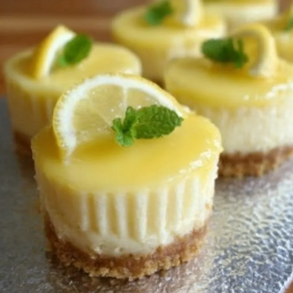 Mini lemon cheesecakes served on a plate, perfect dessert for lemon lovers.