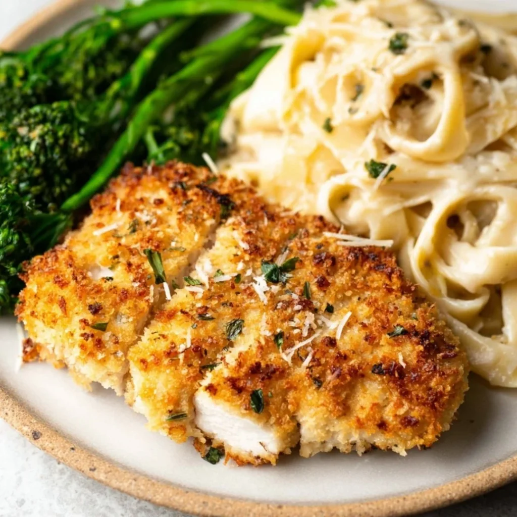Parmesan Crusted Chicken with a crispy, golden crust served on a plate
