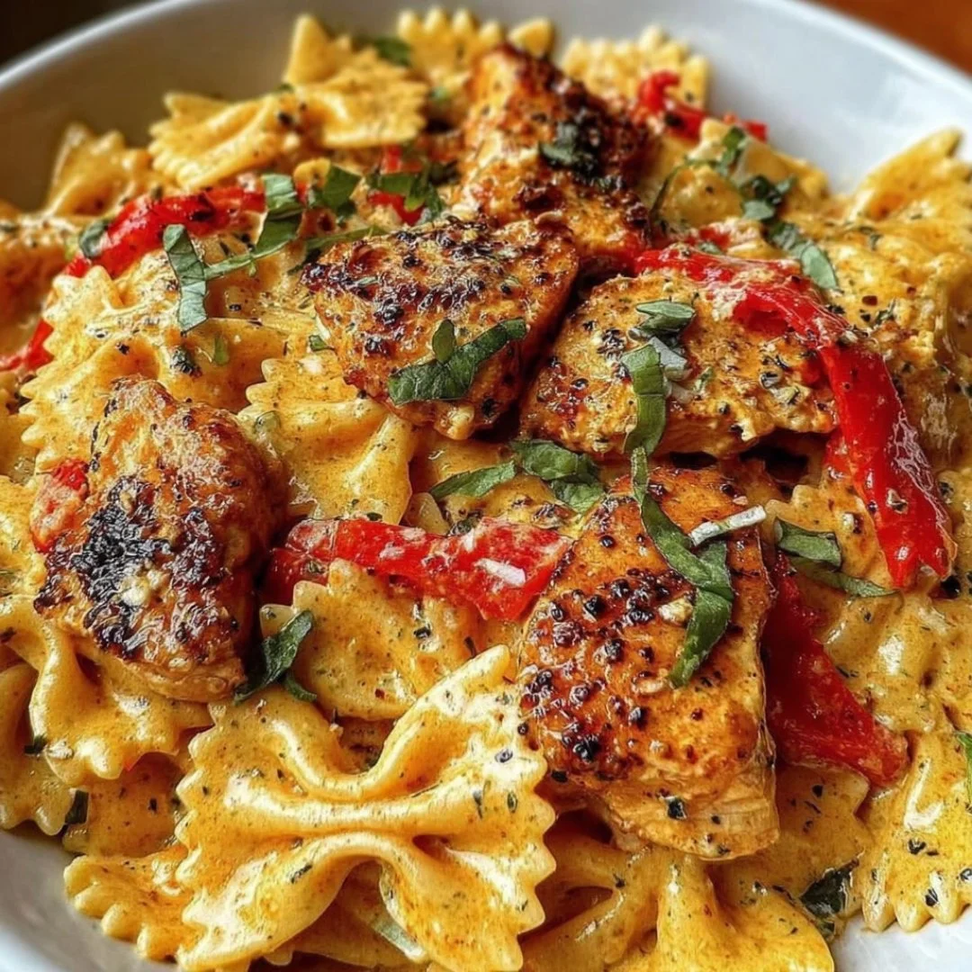 Parmesan Roasted Red Pepper Chicken Bowties in Garlic Cream dish