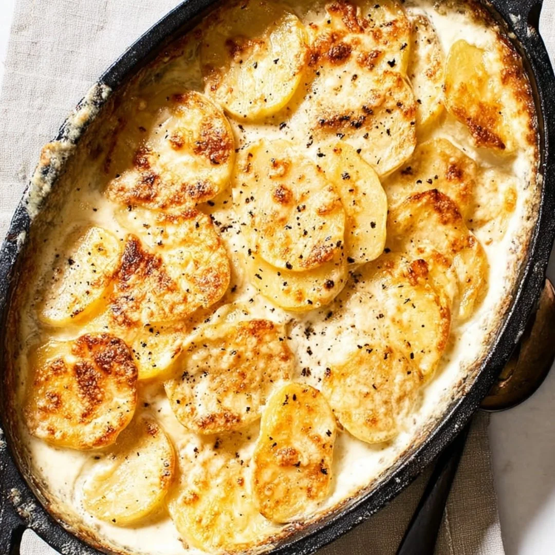 Baked Parmesan Scalloped Potatoes with a golden crust and creamy texture