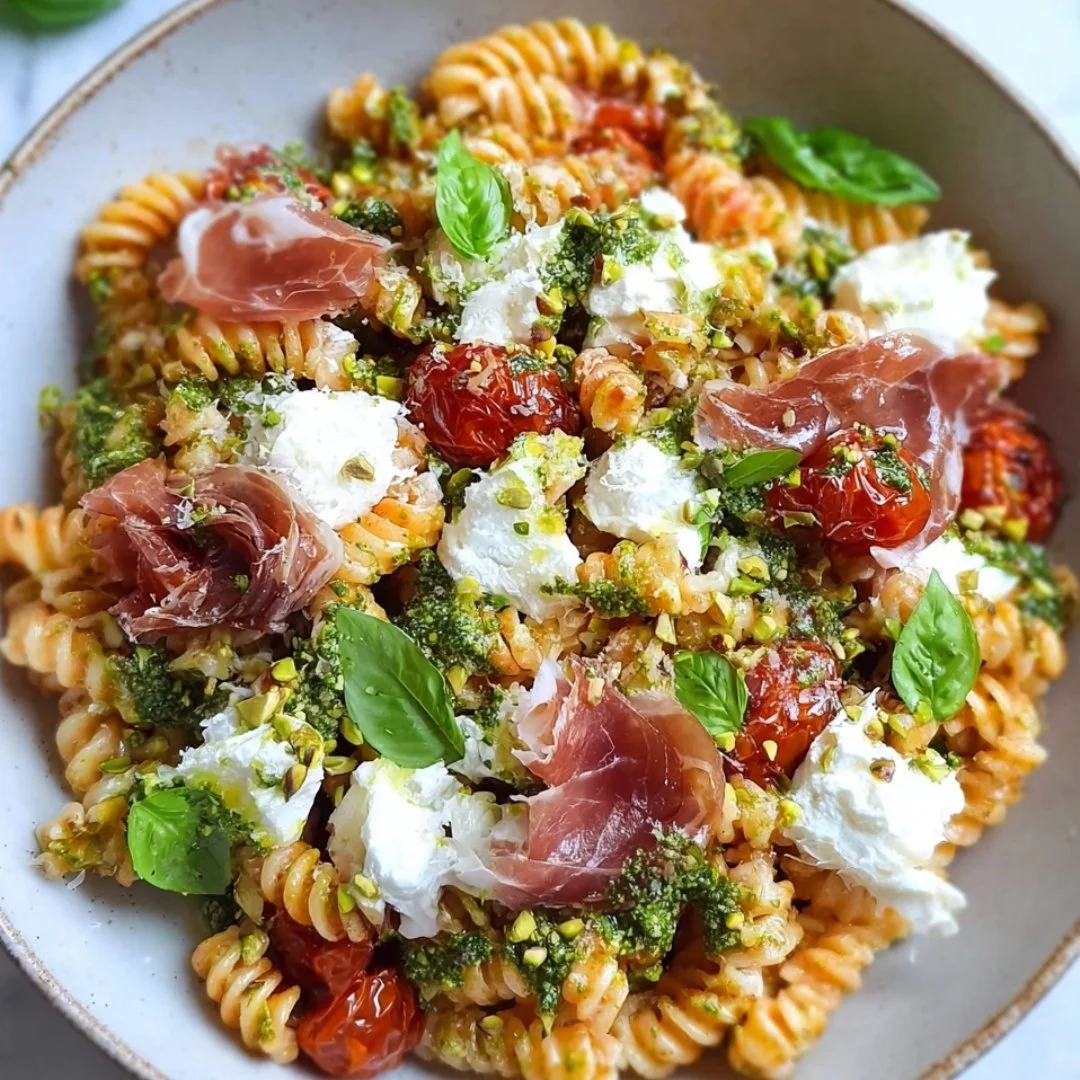 A vibrant Pasta Salad with Prosciutto and Burrata served in a bowl.