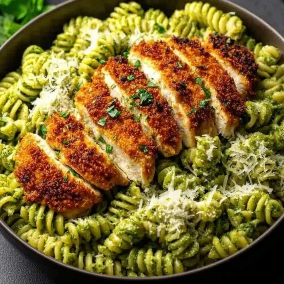 Pesto pasta with crispy Parmesan chicken garnished with fresh basil.